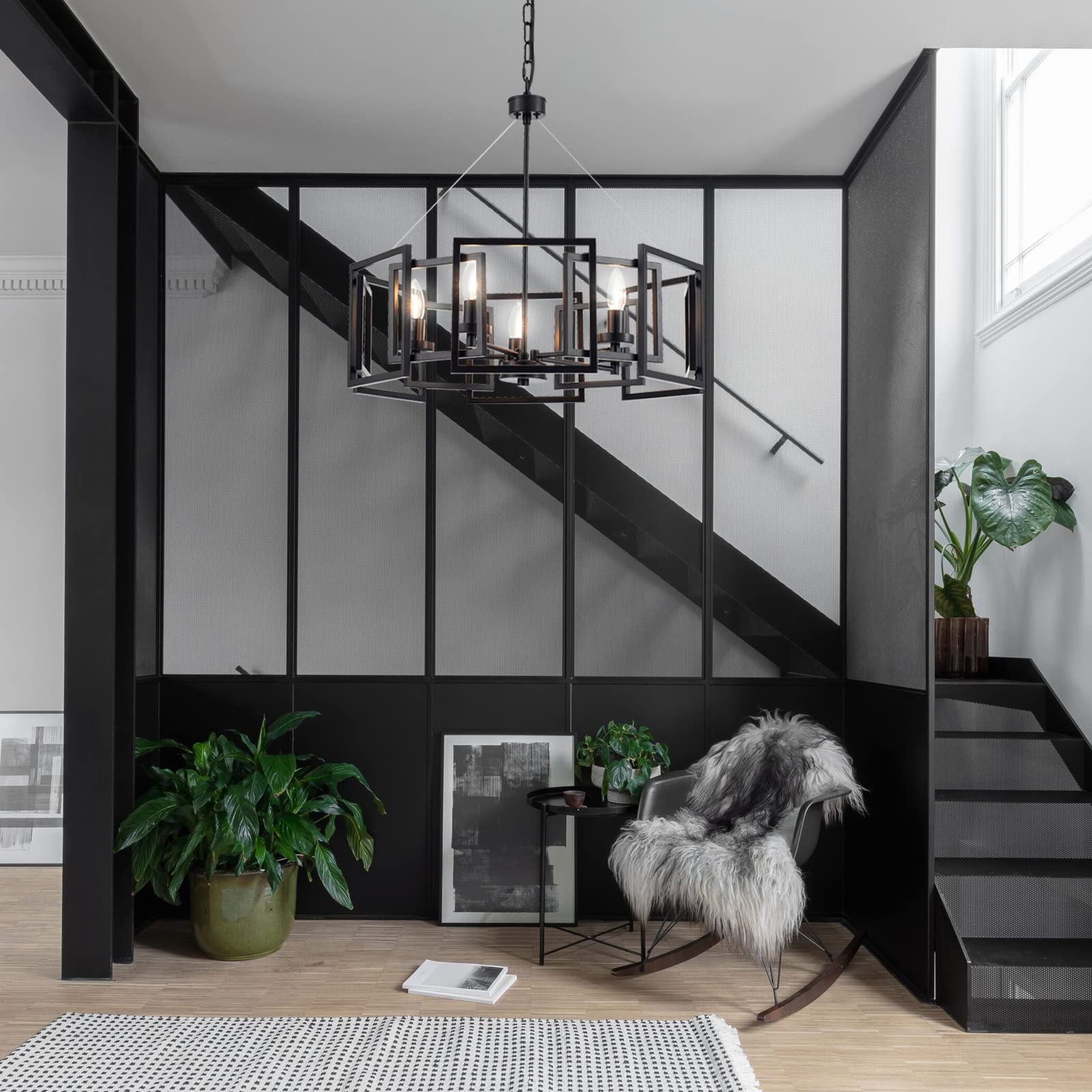 Industrial Style Chandelier - Matte Black Geometric Pendant Light Fixture with 5 Lights for Dining Room, Living Room, Kitchen Island & Bedroom | Perfect for Modern Farmhouse, Loft & Industrial Decor