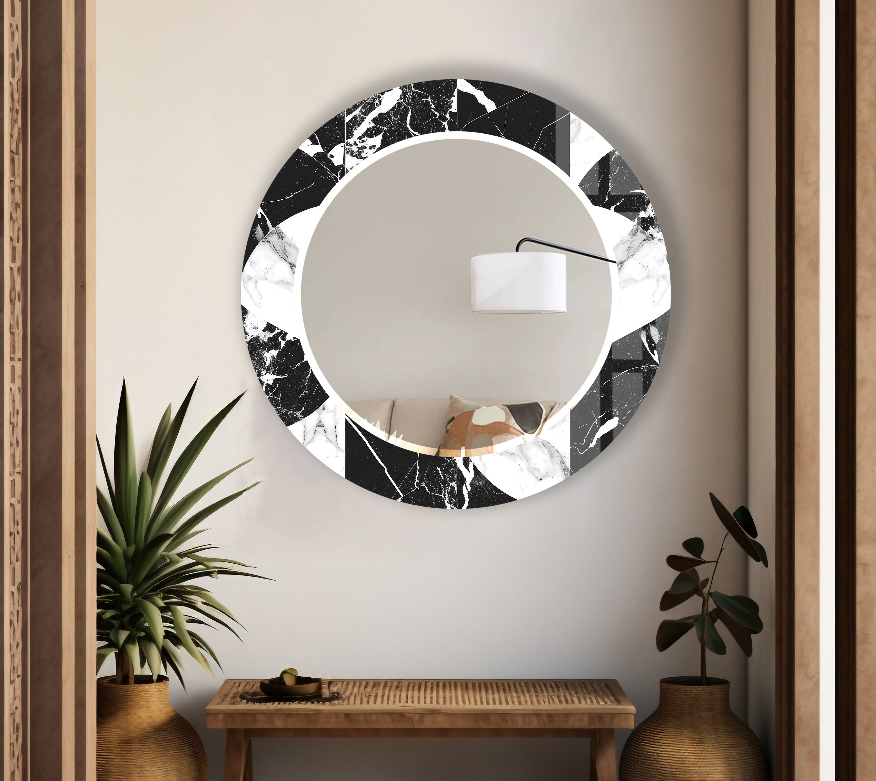 Black & White Marble Round Mirror - Modern Elegant Wall Decor for Living Room, Bedroom & Bathroom | Stylish Home Accent for Contemporary Interiors