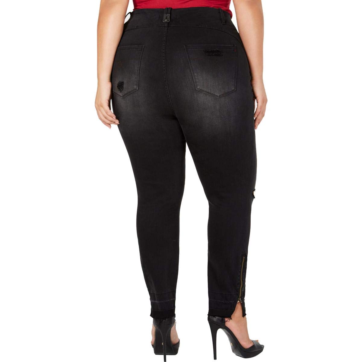 YSJ Women's Plus Size Distressed Skinny Jeans - High Waisted Stretch Denim Pants in Black (Size 16W) for Casual Wear & Street Style Outfits