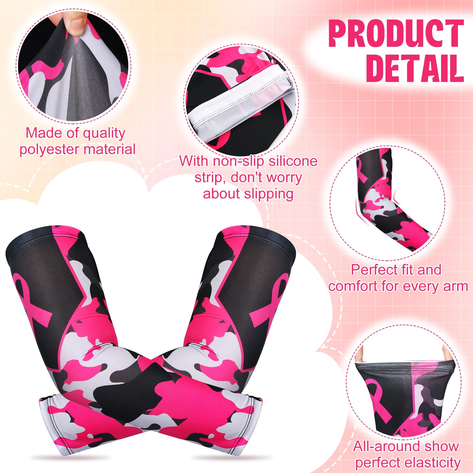 2 Pairs Breast Cancer Awareness Arm Sleeves - Pink Ribbon UV Protection Compression Arm Covers for Women & Men - Perfect for Running, Cycling, and Outdoor Activities