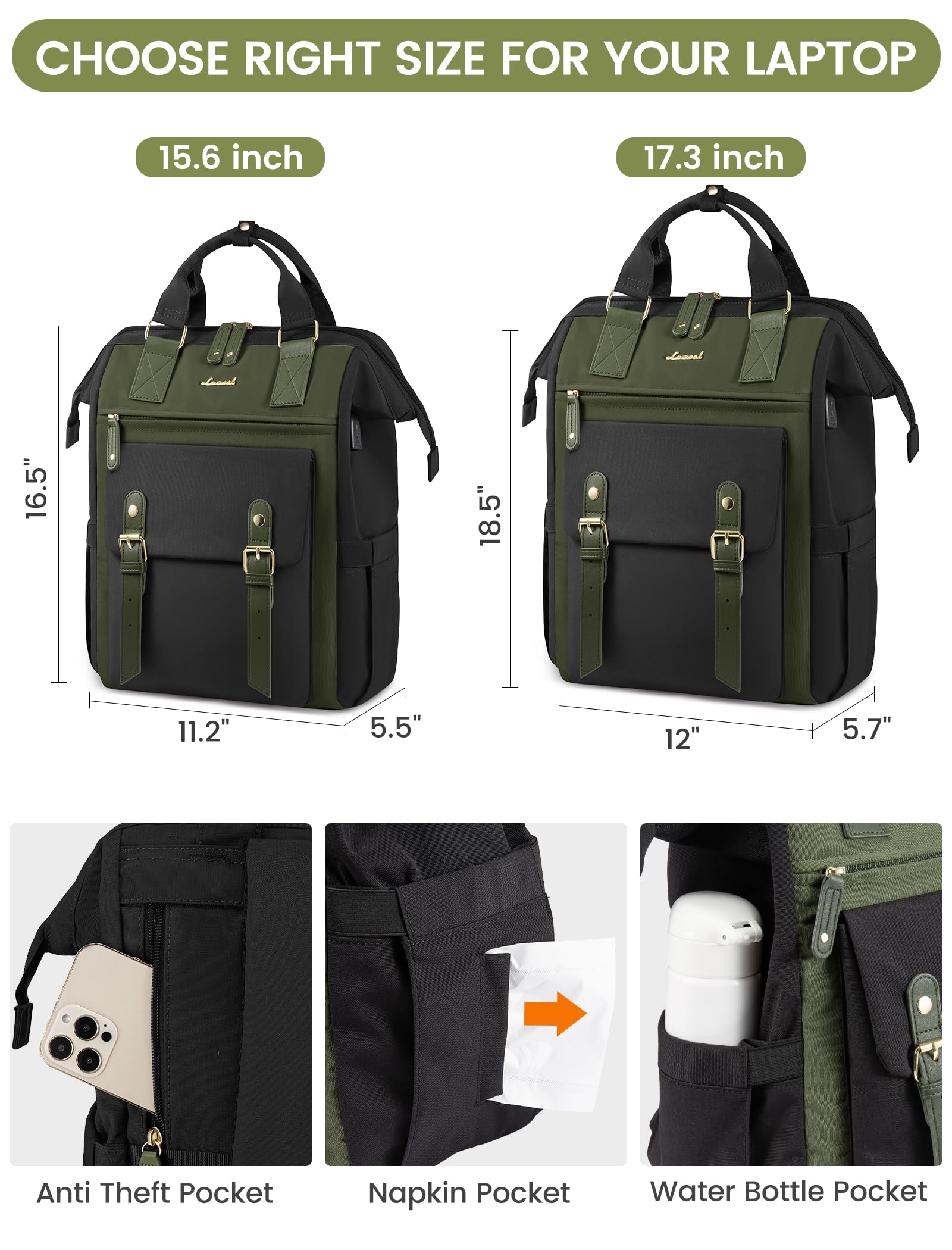 LOVEVOOK 15.6 Inch Laptop Backpack for Women - Waterproof Work Travel Backpack with Wide Opening, Professional Nurse Teacher Doctor Business Bag, College School Backpack (Black-Army Green) - Perfect for Office Commute, Business Trips & Campus Life