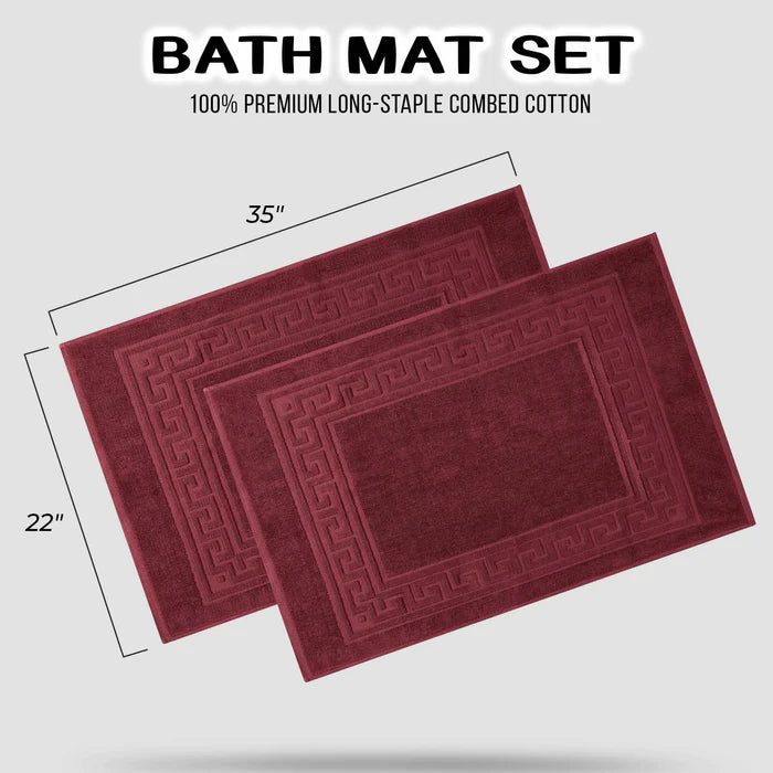 Premium Cotton 2-Piece Greek Key Border Bath Mat Set - Ultra Absorbent, Non-Slip Bathroom Rug - Perfect for Modern Bathrooms, Master Suites & Spa-Like Retreats