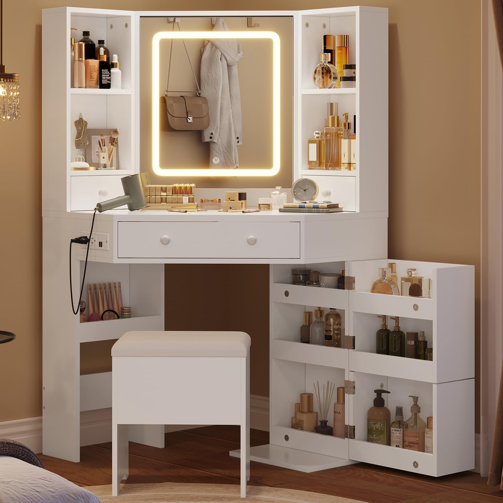 Modern White L-Shaped Vanity Desk with Mirror Lights & Storage - 3 Light Settings for Women & Girls - Perfect for Bedroom & Dressing Room