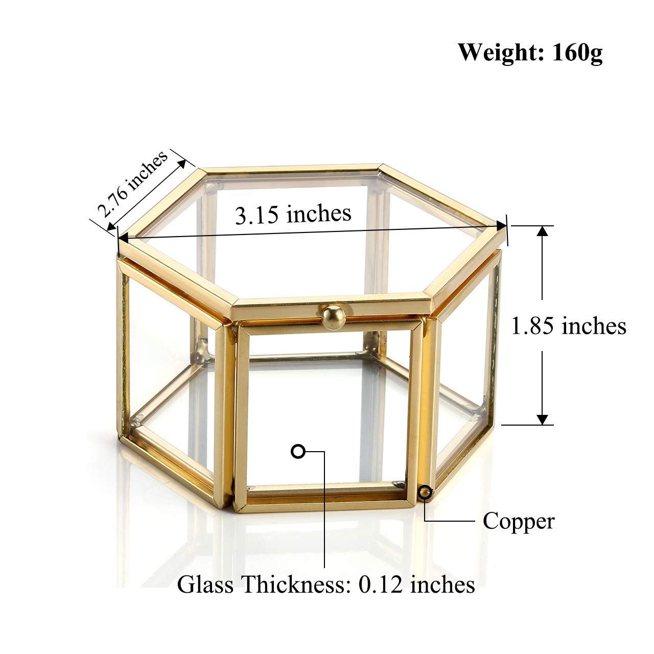 Jovivi Gold Copper Faceted Hexagonal Glass Lid Terrarium Box - Jewelry Display Organizer for Bracelets & Rings - Decorative Home Desk Decor for Living Room, Bedroom, and Office