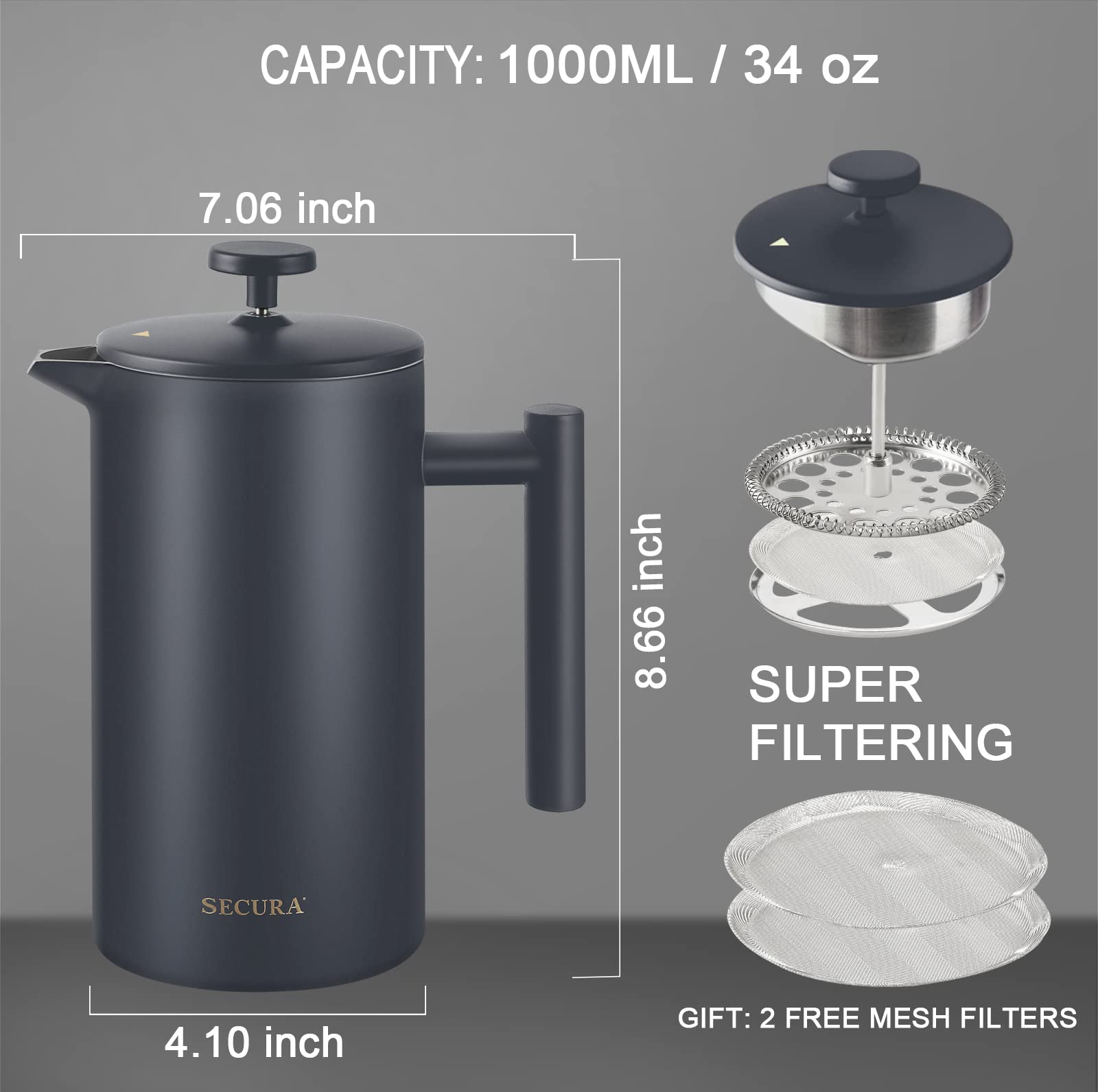 Secura 34oz (1L) Stainless Steel French Press Coffee Maker - 304 Grade Insulated Coffee Press with 2 Extra Screens, Grey - Perfect for Home, Office & Camping Brewing