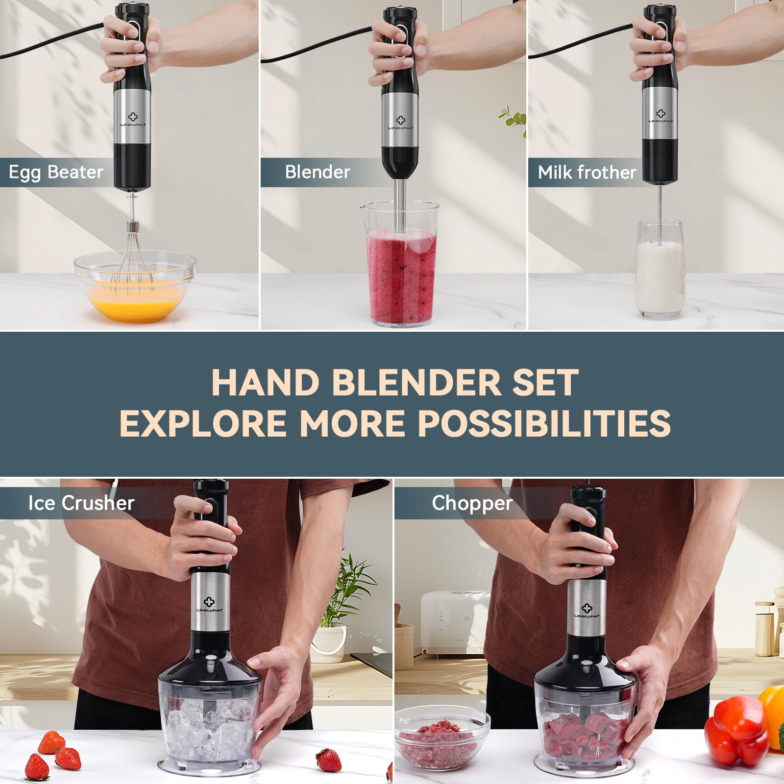 LINKChef 800W 7-in-1 Immersion Blender Handheld - 2 Titanium Steel Blades, 20 Speed & Turbo Mode, Includes Whisk, Milk Frother, Food Processor & Beaker - Perfect for Smoothies, Soups, Sauces & Baking at Home