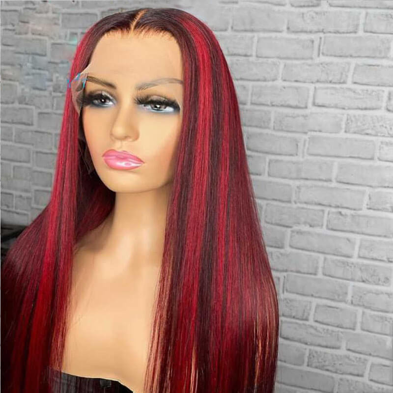 Eullair Red Blue Green Balayage Highlight Straight Lace Frontal Wig for Women - Peekaboo Highlights Human Hair Wig for Daily Wear & Cosplay