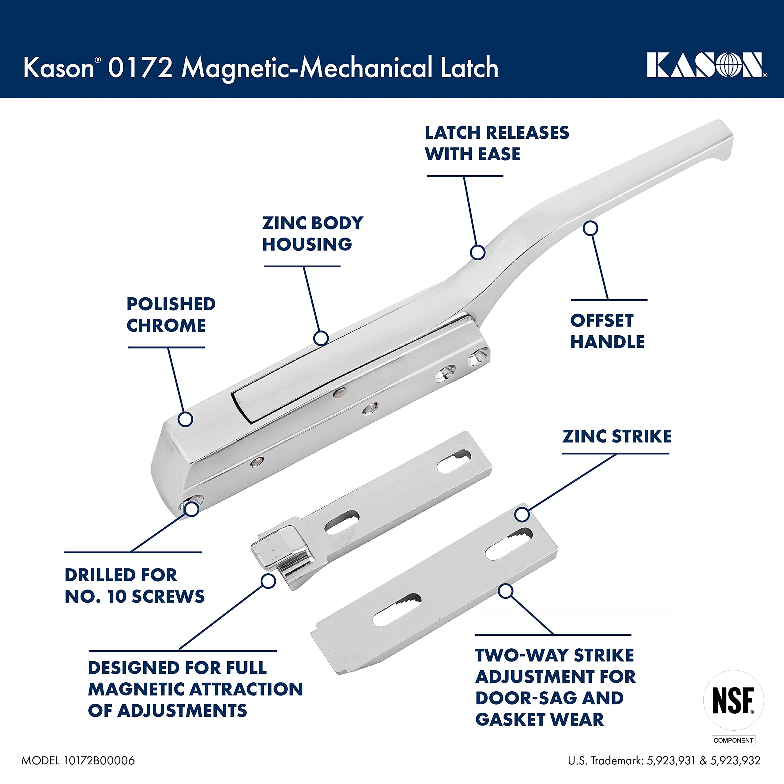 Kason 0172 Magnetic-Mechanical Latch - Offset Handle No Lock Cabinet Door Hardware (10172B00006) | Ideal for Kitchen Cabinets, Office Furniture & Storage Units