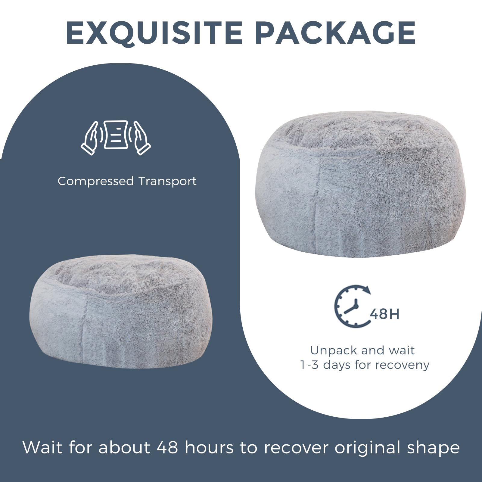 Premium Large Bean Bag Chair - Soft Faux Fur Lounger for Adults & Teens - Comfortable Lazy Sofa for Living Room, Bedroom, Dorm - Grey - Perfect for Relaxing, Gaming & Movie Nights