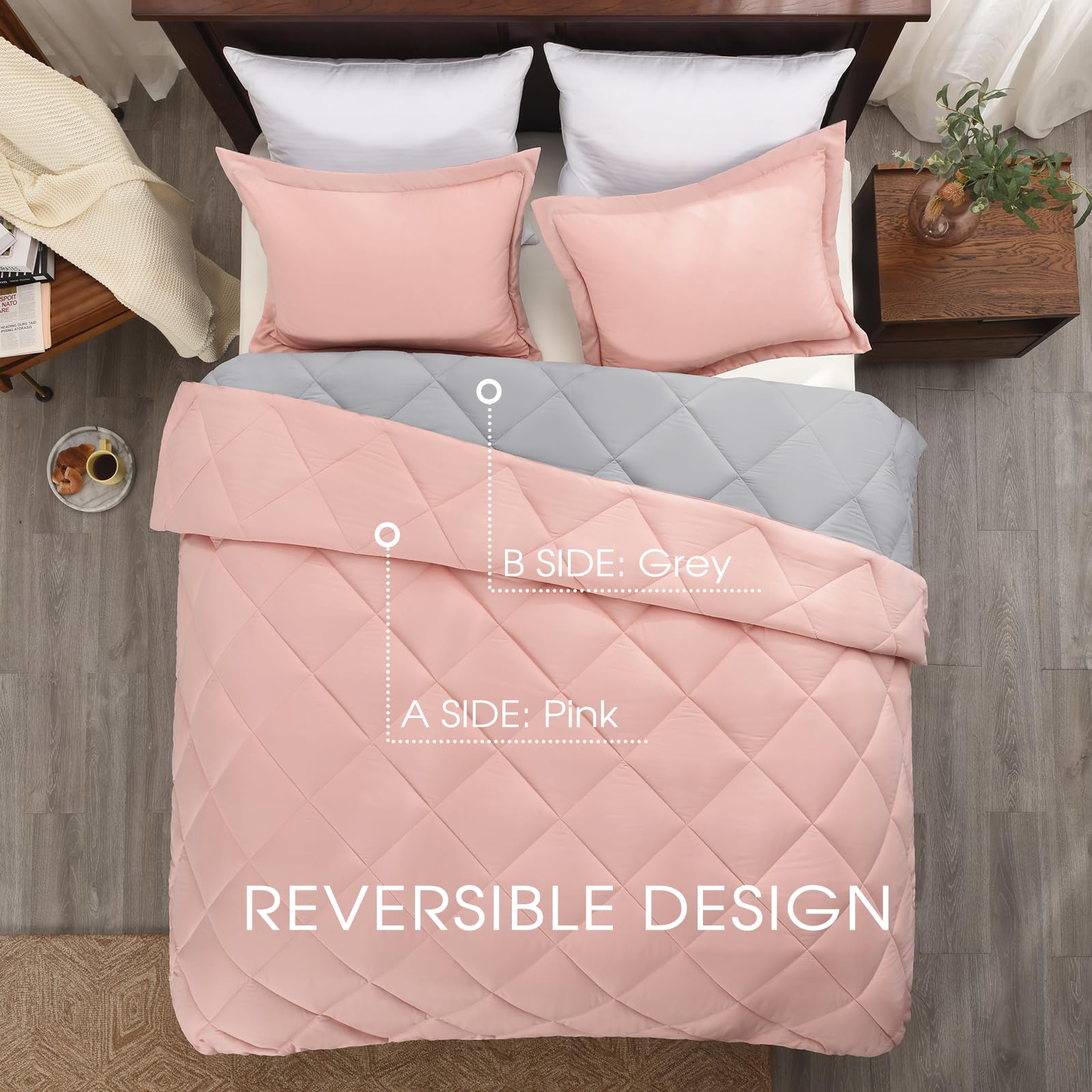 Basic Beyond King Size Comforter Set - Reversible Pink & Grey All-Season Bedding (104x92 inches) with 2 Pillow Shams (20x36+2 inches) | Ultra Soft King Comforter for Master Bedroom, Guest Room & Cozy Home Decor
