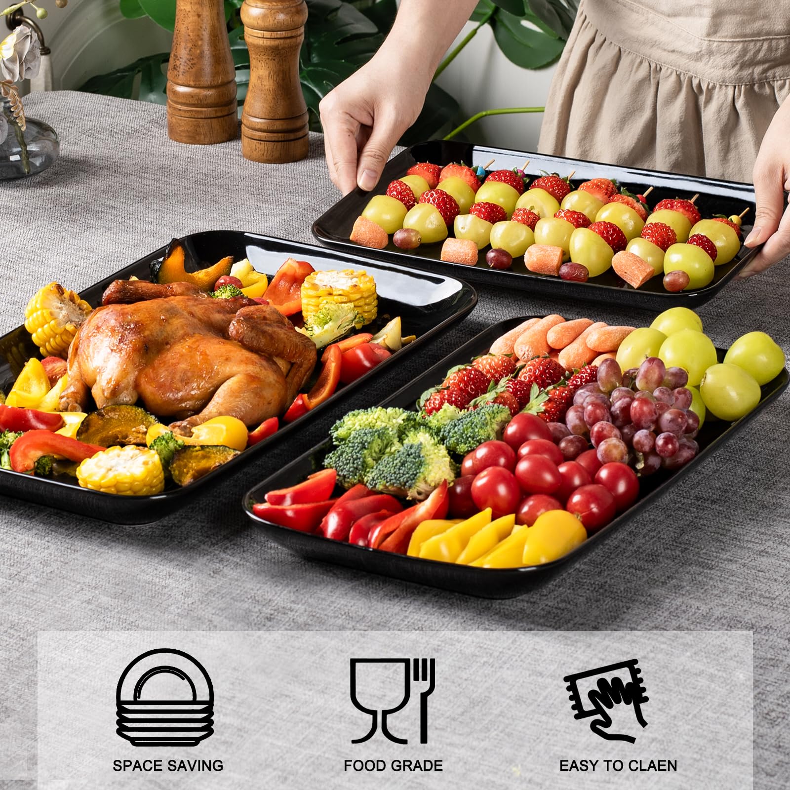 Delling Large Serving Platter Set - 16/14/12 Inch Black Rectangular Trays for Parties, Entertaining, Thanksgiving & Christmas | Microwave, Dishwasher & Oven Safe | Perfect for Holiday Dinners, Buffets & Family Gatherings