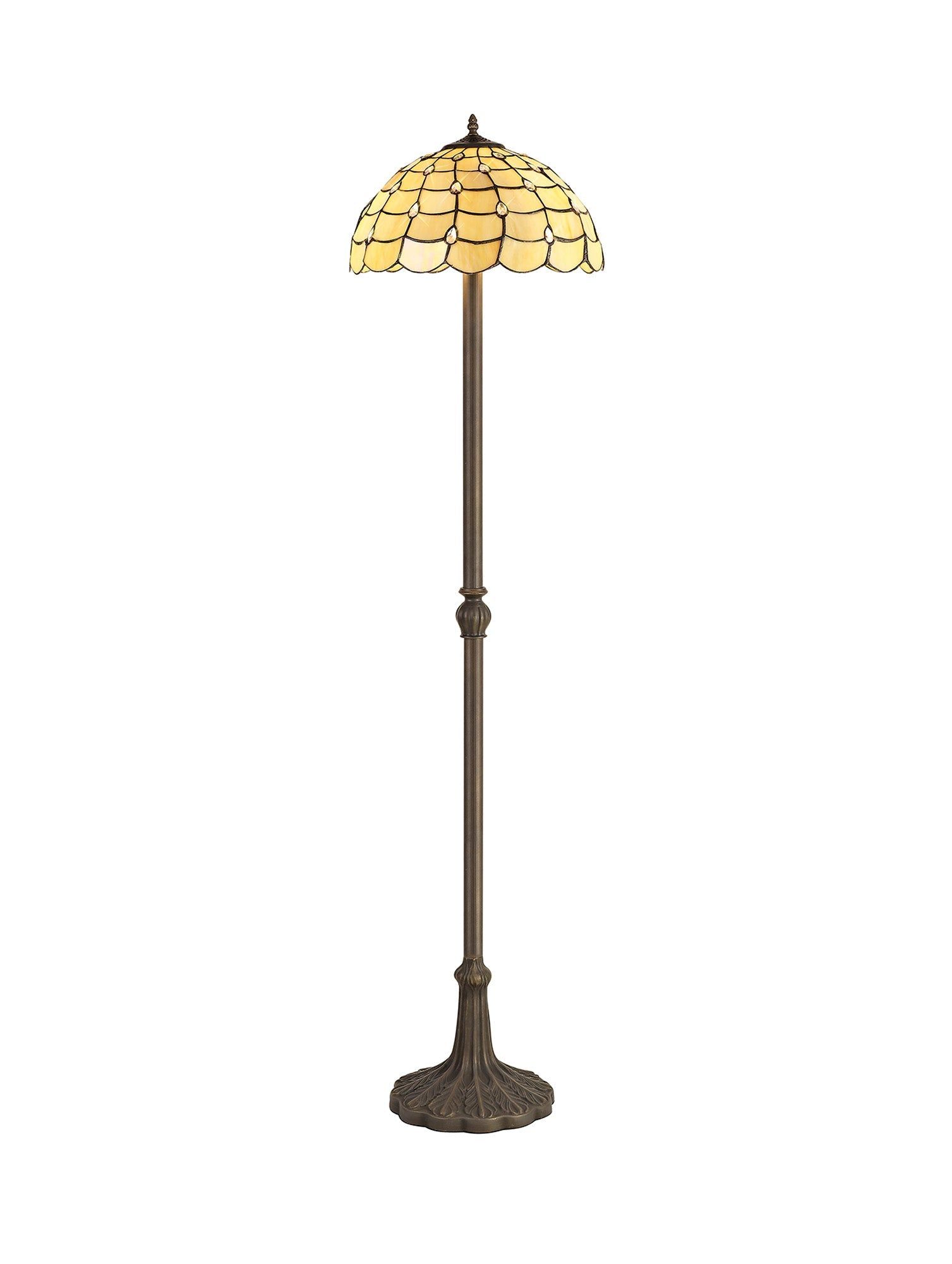 Aero 2 Light Leaf Design Floor Lamp with 40cm Tiffany Shade - E27 Socket, Beige/Clear Crystal/Aged Antique Brass Finish | Perfect for Living Room, Bedroom & Office Lighting