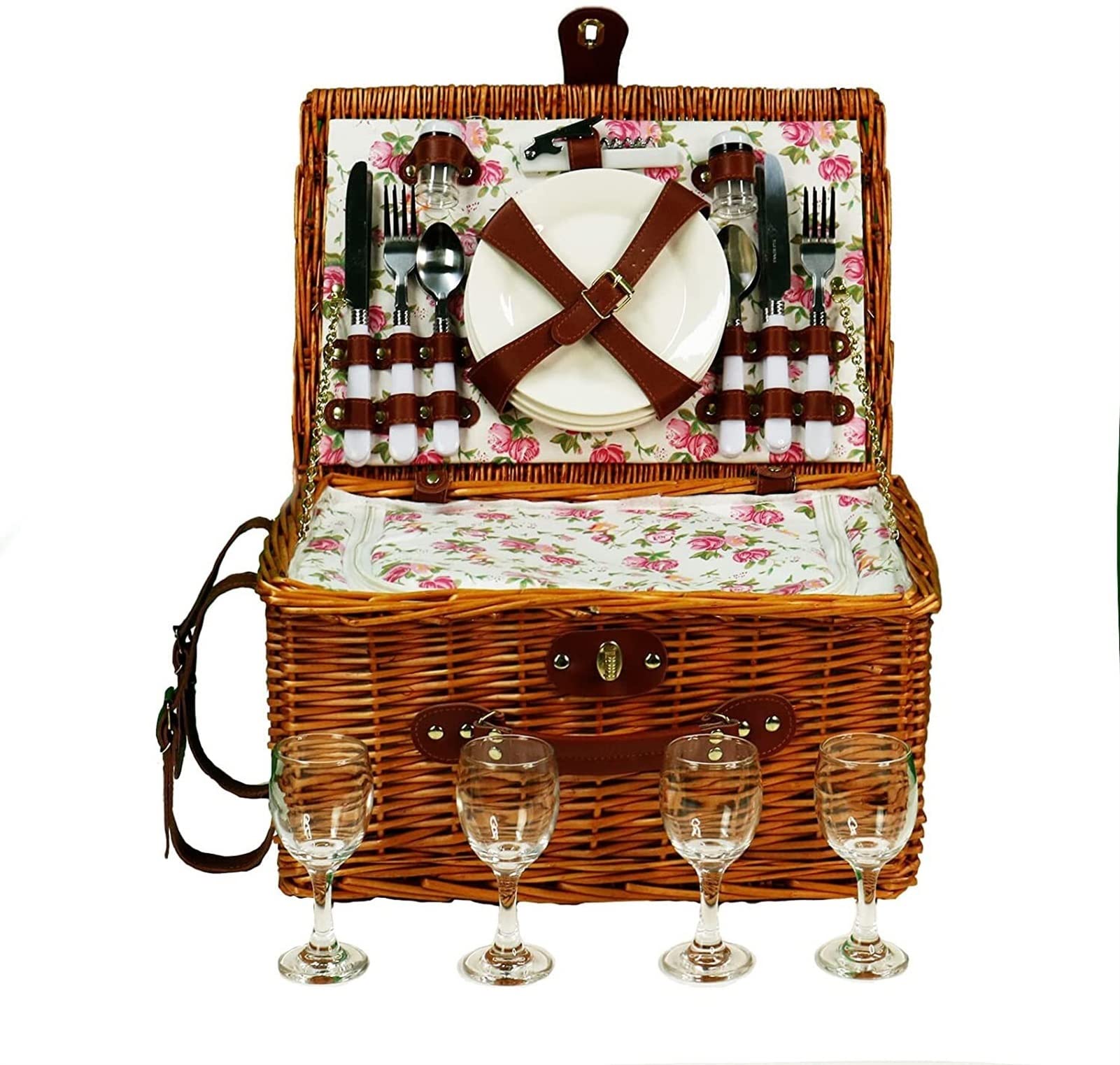KAIWU 4-Person Picnic Basket Set - Insulated Wicker Hamper with Accessories for Outdoor Camping, Beach, Wedding & Anniversary Gifts | Perfect for Picnics, Parties & Romantic Dates