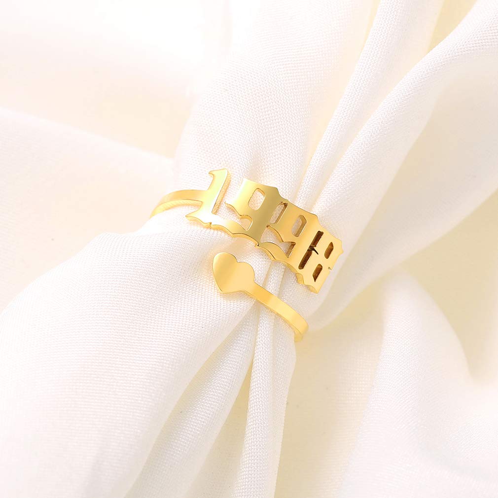 SKQIR Adjustable Initial Number Birth Year Ring for Women - Gold/Silver Stainless Steel Open Promise Ring, Engagement Wedding Band, Delicate Jewelry Gift for Girlfriend - Perfect for Anniversaries, Birthdays & Special Occasions