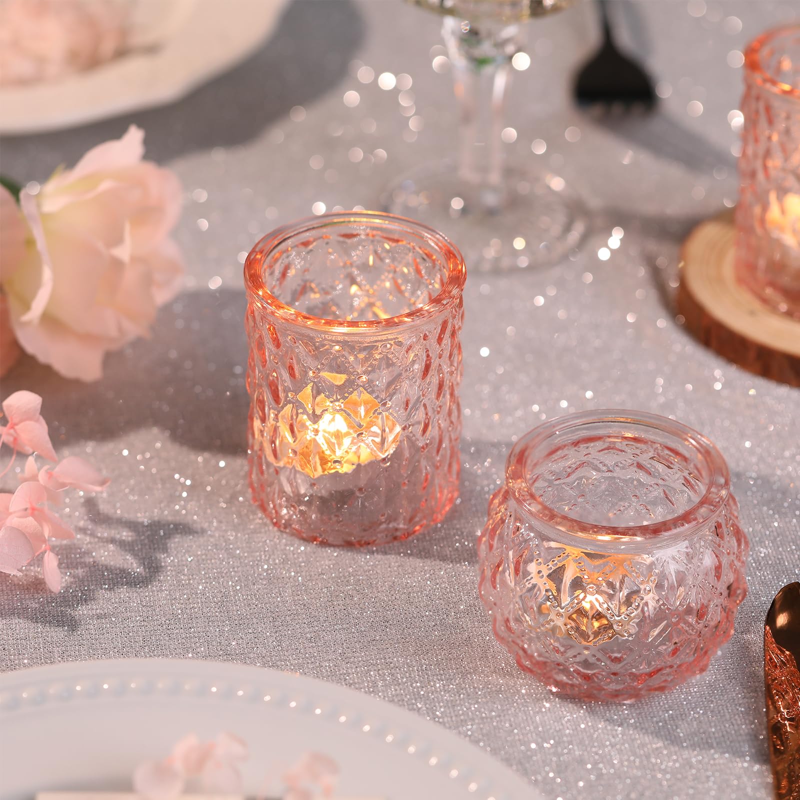 24-Pack Pink Glass Votive Candle Holders - Round Flameless LED Tea Light Holders for Weddings, Parties, Home Decor - Perfect for Romantic Centerpieces, Table Settings & Holiday Decorations