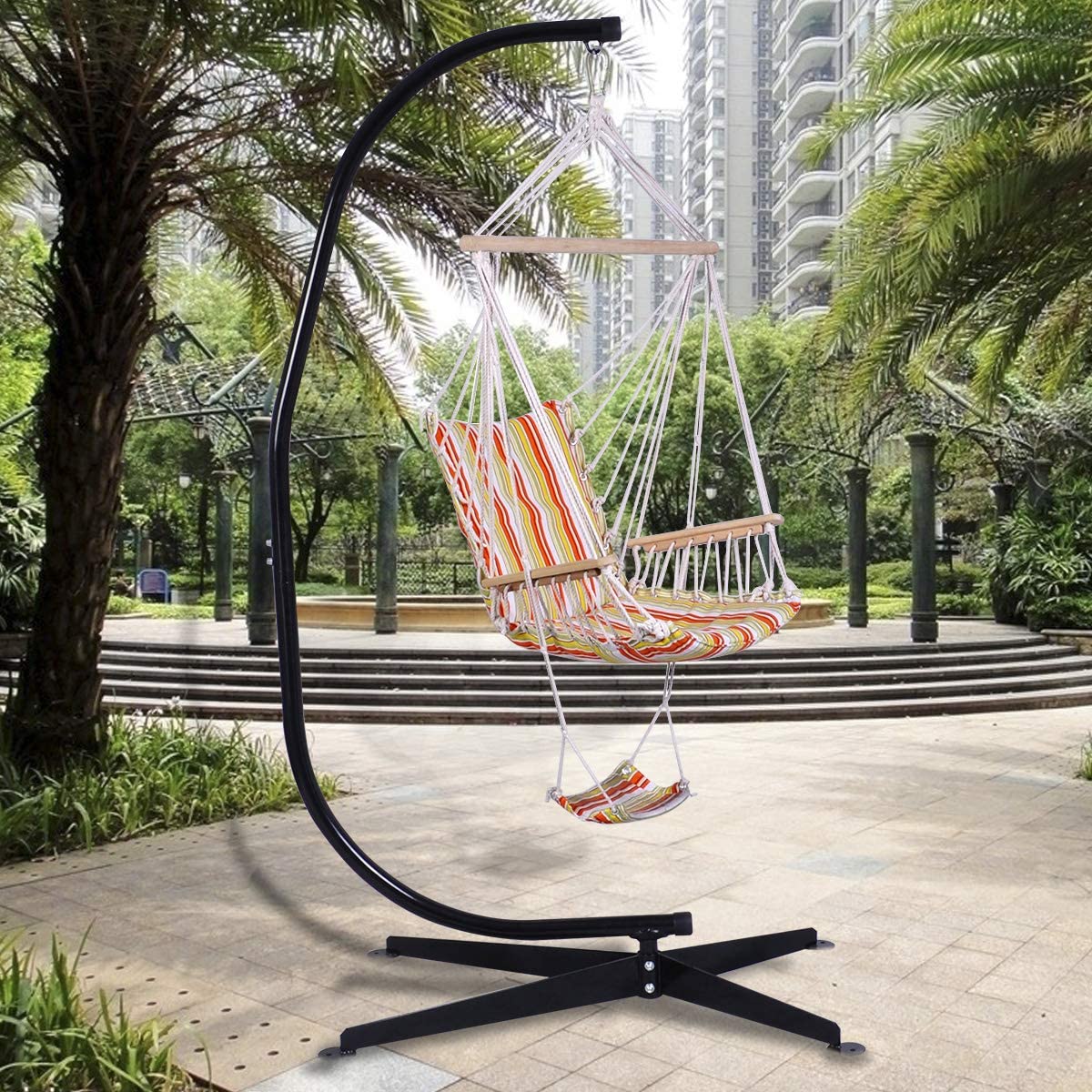 HAPPYGRILL C-Shaped Hammock Stand Replacement - Heavy Duty Steel Hanging Chair Stand for Indoor/Outdoor Porch, Patio, Garden & Backyard Relaxation