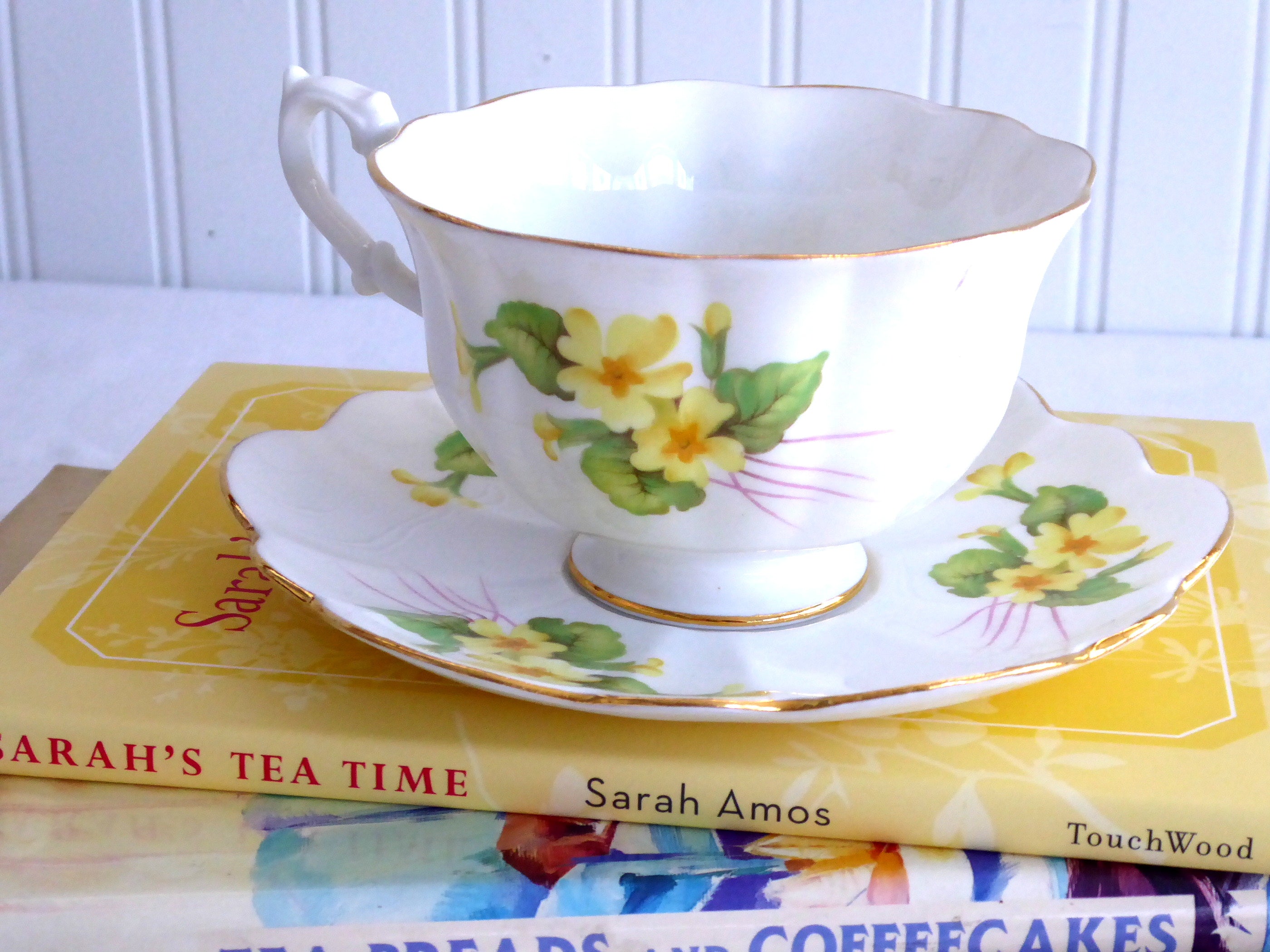 Vintage Shelley Primrose Atholl Thorn Shape Gold Trim Cup and Saucer Set - 1960s English Fine China for Afternoon Tea & Collectible Display