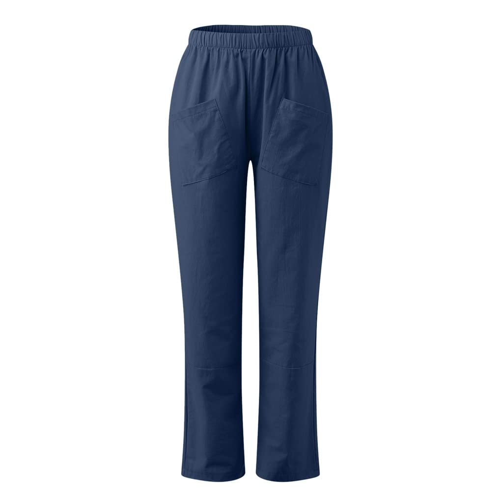 Comfortable Women's Cotton Elastic Waist Work Pants - Loose Fit Cropped Pants with Slant Pockets for Office, Casual Wear & Travel