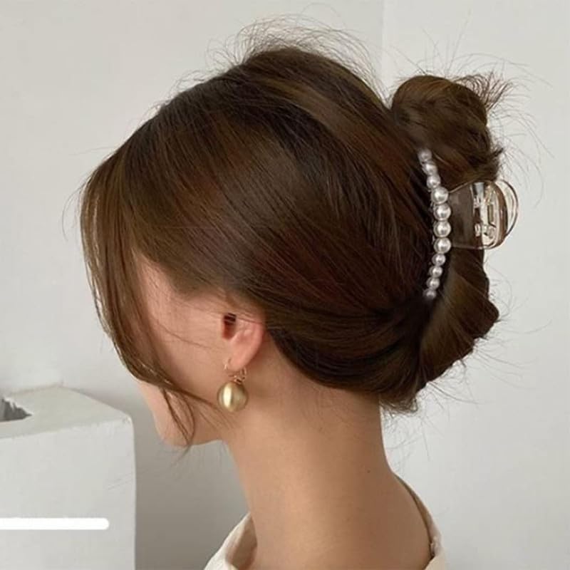 FAMEZA 2 Pack Transparent Banana Jaw Hair Clips - Pearl Hair Claw Barrette for Women & Girls, Strong Hold Hair Clamps for Ponytails, Buns & Updos - Fashion Hair Accessories (Pack of 2)