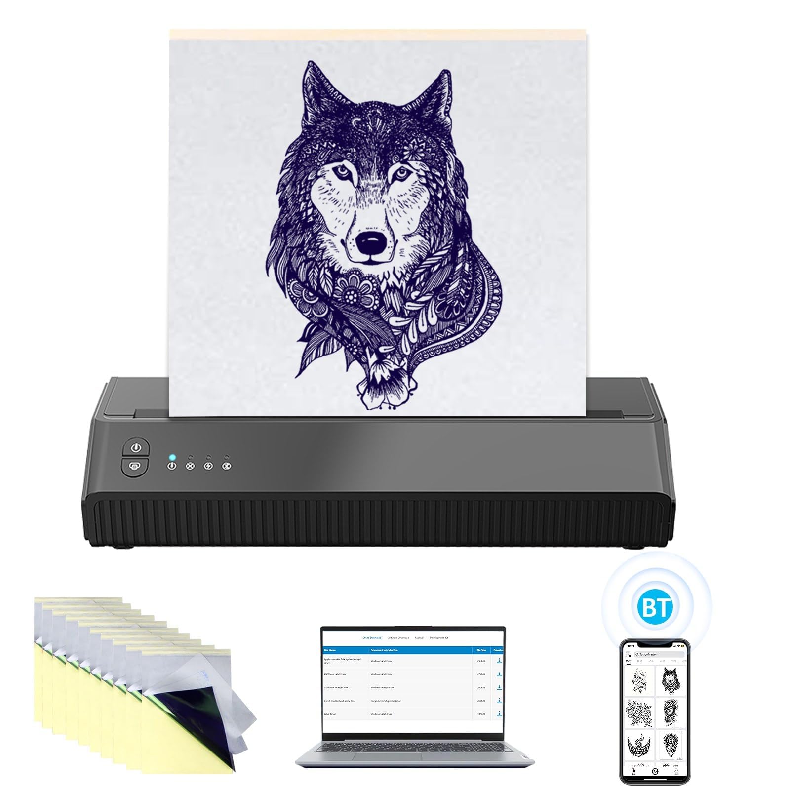 MOKOHOA Bluetooth Tattoo Transfer Printer - Portable Stencil Machine with 10 Sheets Thermal Paper & 2500mAh Battery | Wireless Tattoo Stencil Maker for Professional Artists & Home Use