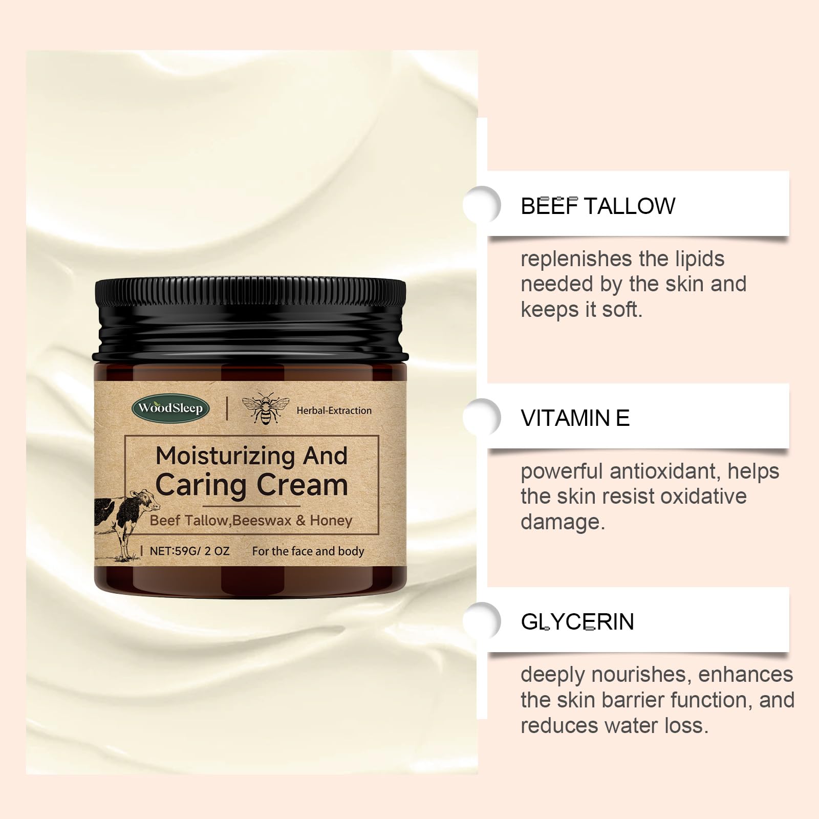 Grass-Fed Whipped Beef Tallow & Honey Balm - Organic Unscented Moisturizer for Face & Body, 2.08 oz | Fast-Absorbing Skin Care Cream | Perfect for Dry Skin, Eczema & Nighttime Hydration