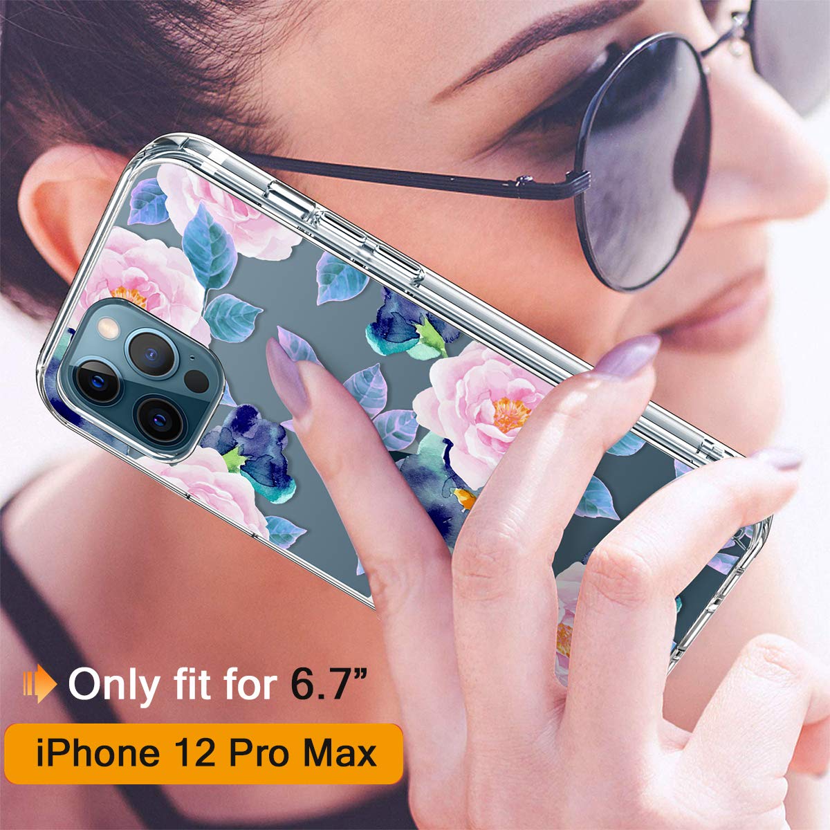 GiiKa iPhone 12 Pro Max Case with Screen Protector - Clear Shockproof Floral Design Hard Case with TPU Bumper - Protective Phone Cover for Women & Girls (Pink Blue Flowers) - Perfect for Everyday Use, Work & Travel Protection