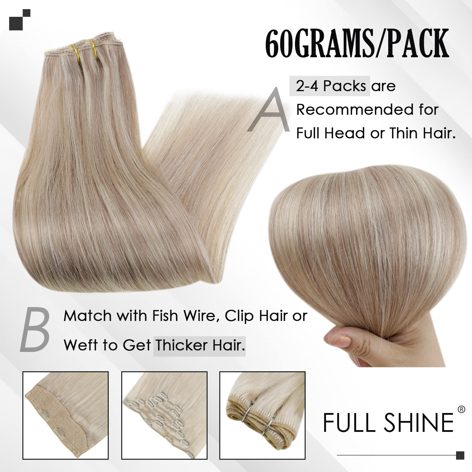 20 Inch Clip in Hair Extensions Real Human Hair - Blonde Highlight Hair Extensions Bundle (3Pcs & 7Pcs) 180Grams for Thick Hair - Natural Look for Daily Wear, Parties & Special Occasions