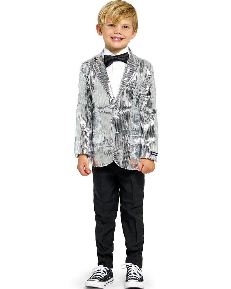 Vintage 70s Sequins Silver Boys Suit Jacket - Retro Disco Party Costume for Kids, Halloween & Dance Performance