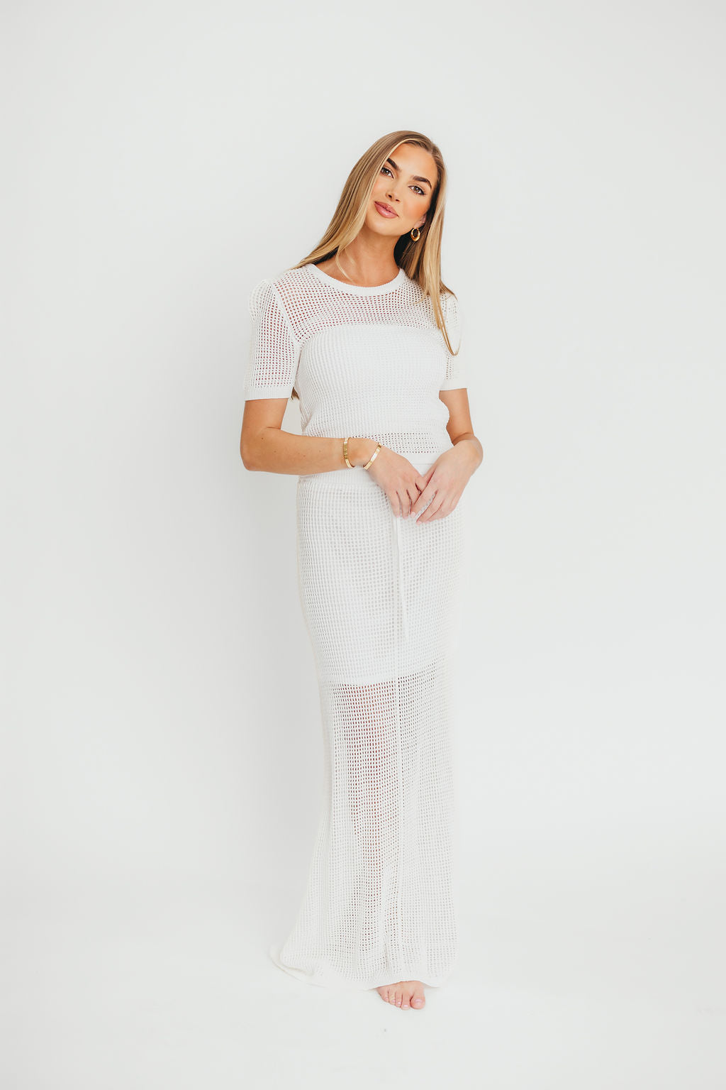 Aidan Open Knit Top and Maxi Skirt Set in Off White - Women's Boho Chic Outfit for Summer Beach Vacation & Casual Date Night