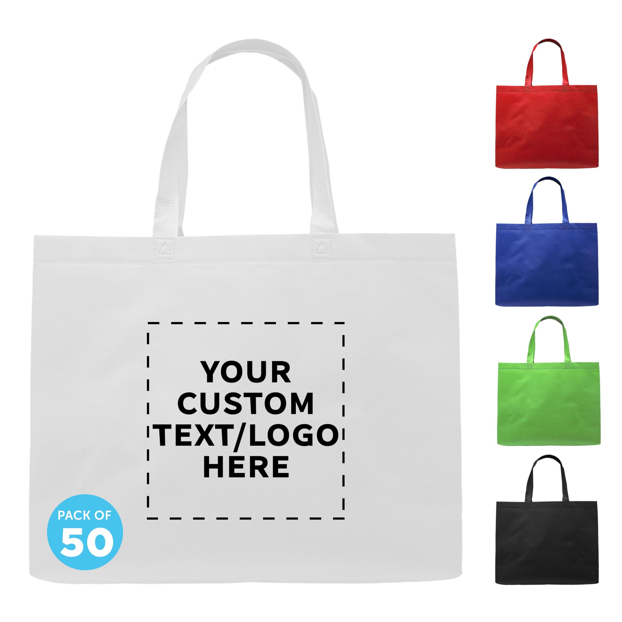 Custom Jumbo Reusable Tote Bags - Bulk Pack of 50 Personalized Grocery & Shopping Bags - Eco-Friendly Promotional Totes for Women in White - Perfect for Retail, Events, and Brand Giveaways