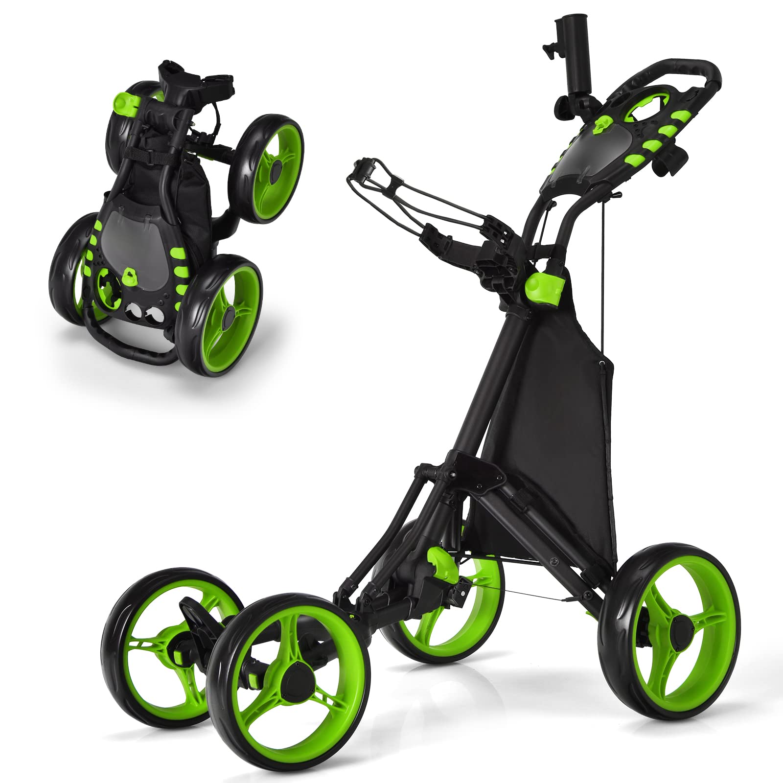 Tangkula Lightweight Aluminum Golf Push Pull Cart - 4 Wheel Collapsible Golf Trolley with Foot Brake, Adjustable Handle, Cup & Umbrella Holder - Perfect for Golf Courses, Driving Ranges & Outdoor Practice