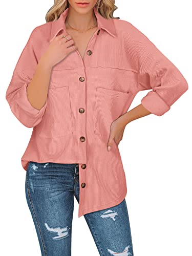 PINKMARCO Women's Loose Fit Batwing Sleeve Waffle Knit Button Down Shirt Shacket Tops - Casual Fall & Winter Layering Piece for Work, Date Night and Weekend Outings
