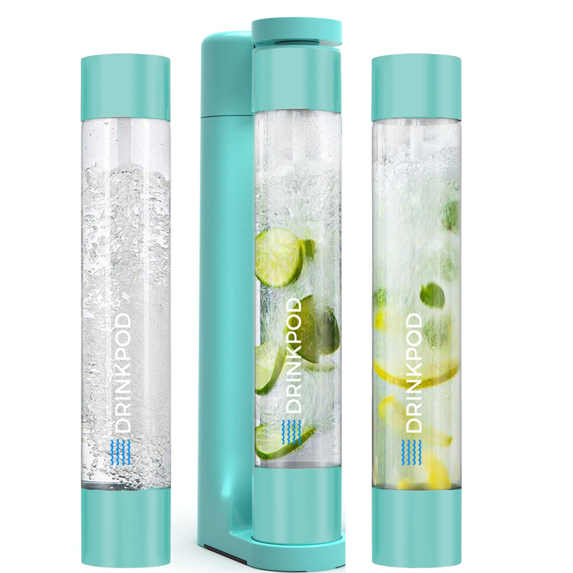 Fizzpod Soda Maker Machine for Home - Make Sparkling Water, Juice, Coffee & Cocktails | Includes 3 PET Bottles, 3 Caps & Carbonator | BPA-Free Carbonated Drink Maker for Healthy Homemade Beverages | Perfect for Parties, Kitchen & Office Use (Aruba Blue + 2 CO2)