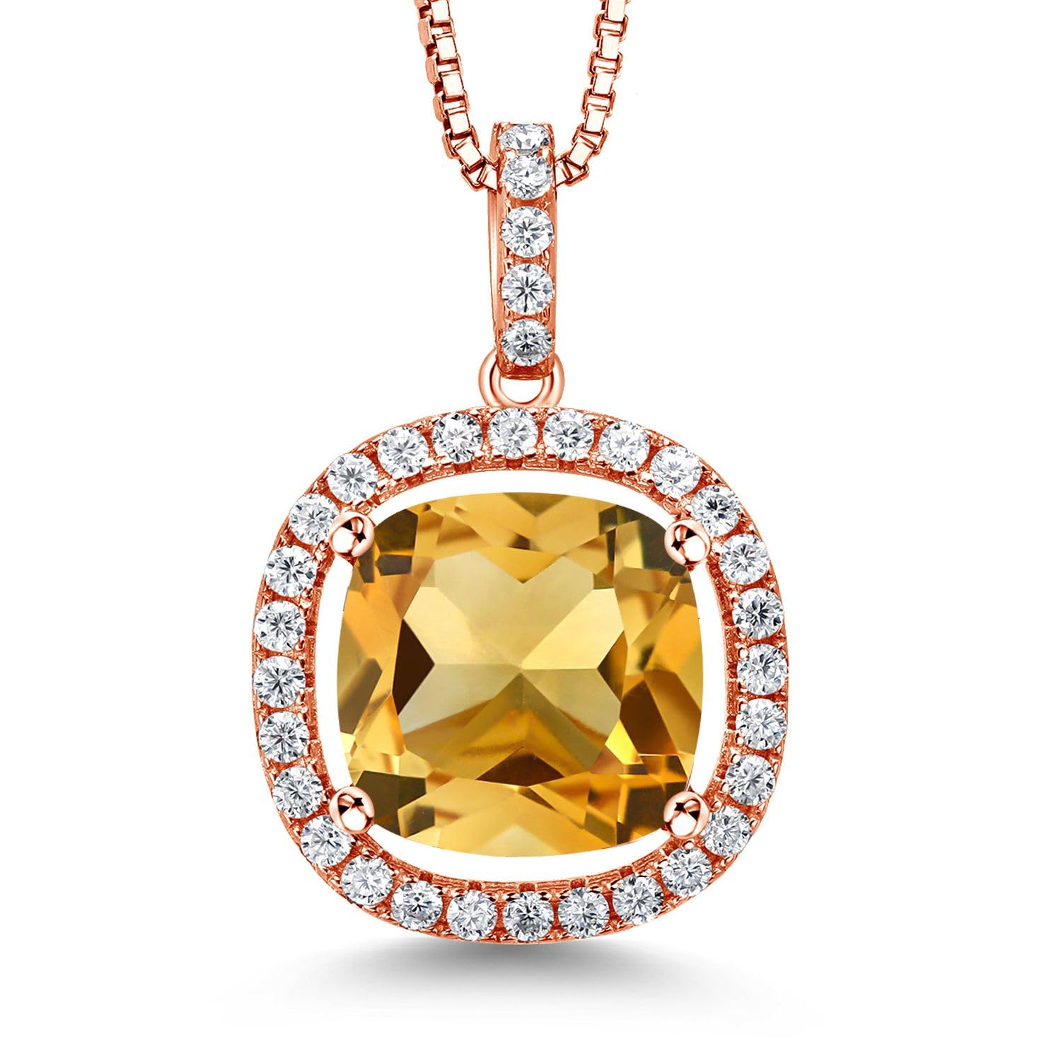 18K Rose Gold Plated Silver 12MM Cushion Gemstone & White Moissanite Birthstone Necklace for Women | 18