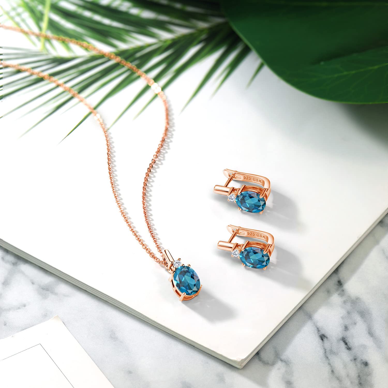 18K Rose Gold Plated Silver Pendant & Earrings Set with Oval London Blue Topaz and Moissanite (6.95 Cttw) - Gem Stone King | Elegant Jewelry for Weddings, Anniversaries & Special Occasions