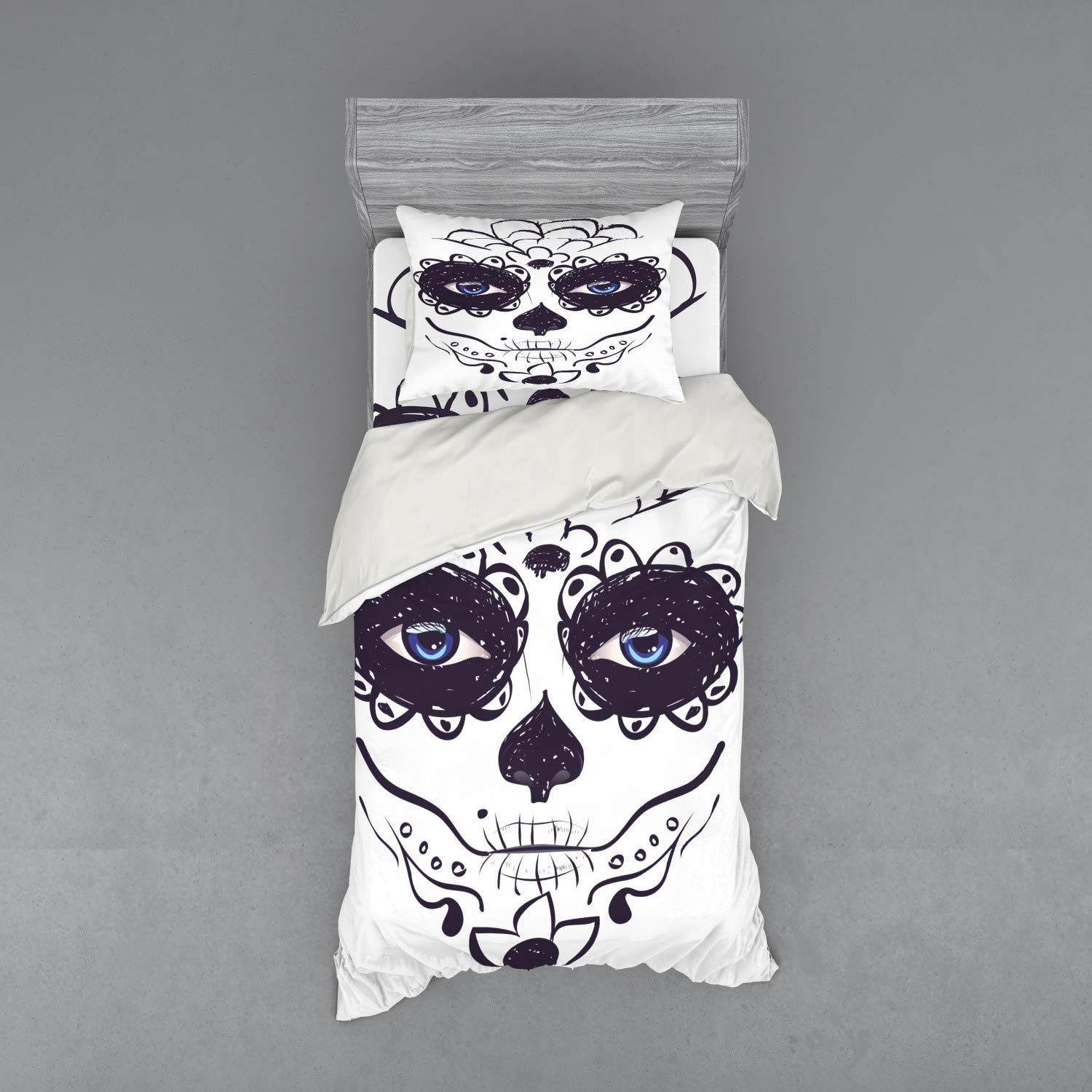 Ambesonne Day of The Dead Duvet Cover Set - Sugar Skull Girl Face Makeup Print 3-Piece Bedding Set with Sham & Fitted Sheet, Twin XL Size, Black White Blue - Perfect for Halloween, Dia de Los Muertos Decor & Gothic Bedroom Theme