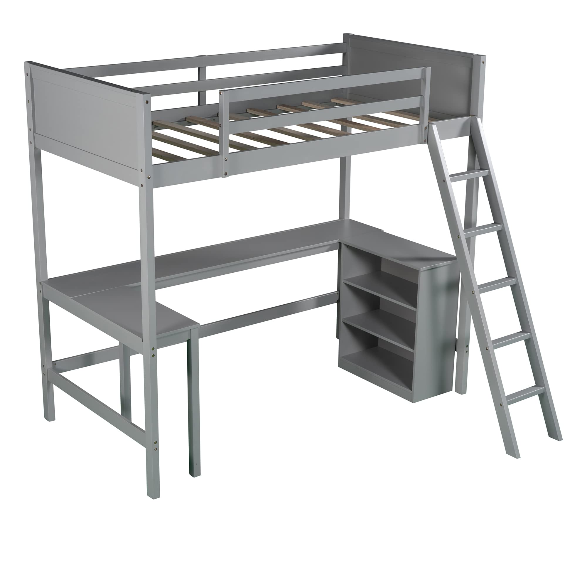 P PURLOVE Twin Size Wooden Loft Bed with Long Desk & Shelves - Space Saving Kids & Teens High Loft Bed for Small Bedroom, Dorm Room or Studio Apartment - Perfect for Study, Sleep & Storage Organization