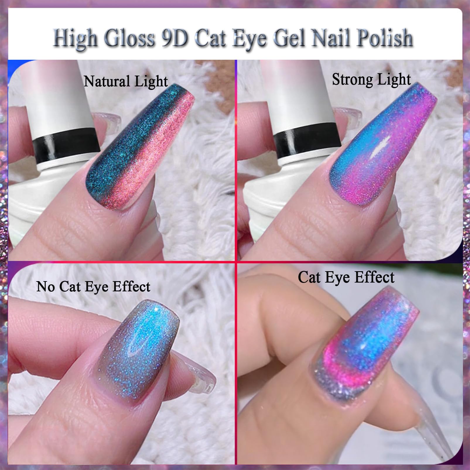 Holographic Cat Eye Gel Nail Polish - Rainbow Glitter UV/LED Reflective Nail Polish for Women & Girls (15ml) | Sparkly Purple Blue Nail Art Gel for Manicures, Parties & Special Occasions