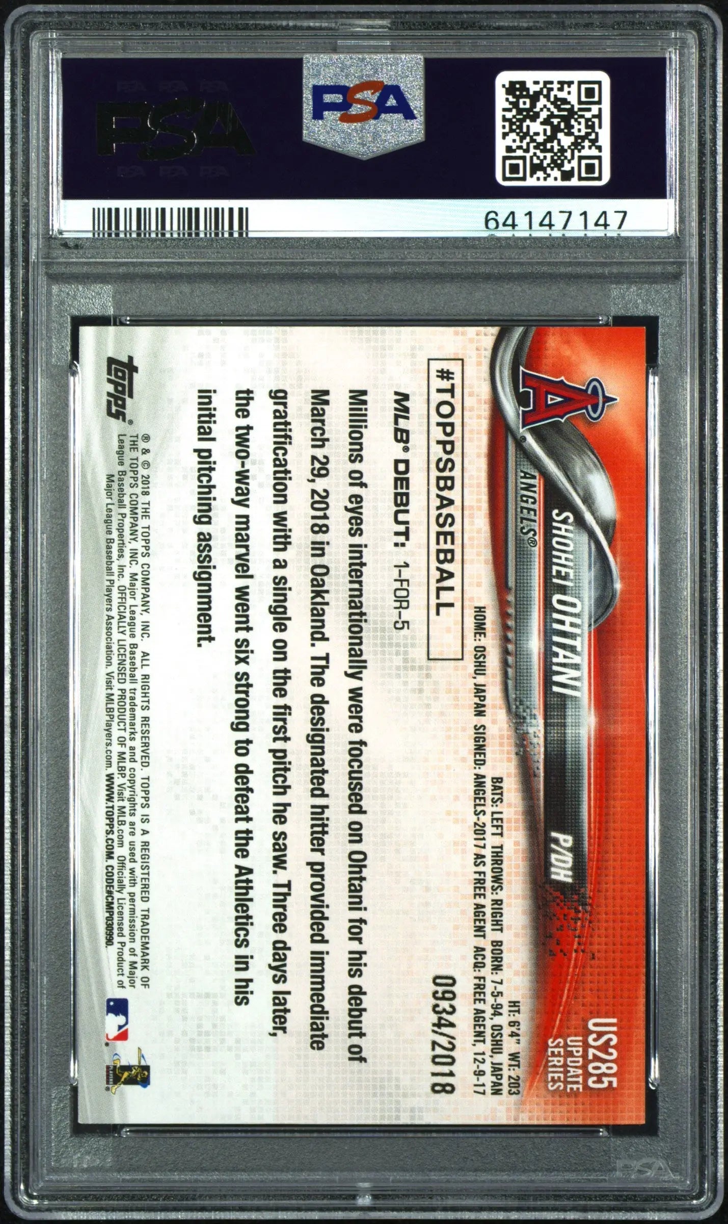 2018 Topps Update Baseball Shohei Ohtani RC Rookie Gold PSA 9 #/2018 - Rare Collectible Card for Baseball Fans & Sports Memorabilia Collectors