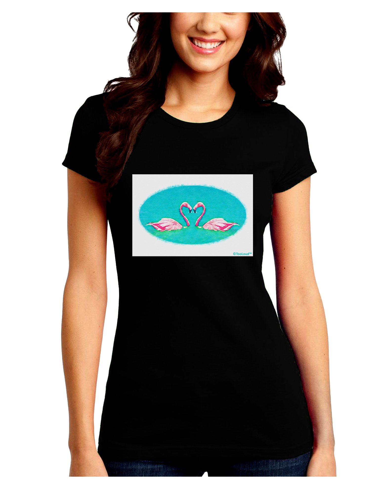 TooLoud Love Birds Flamingos Watercolor Juniors Crew Dark T-Shirt | Cute Graphic Tee for Women & Teens | Perfect for Casual Wear, Summer Outfits & Beach Vacation