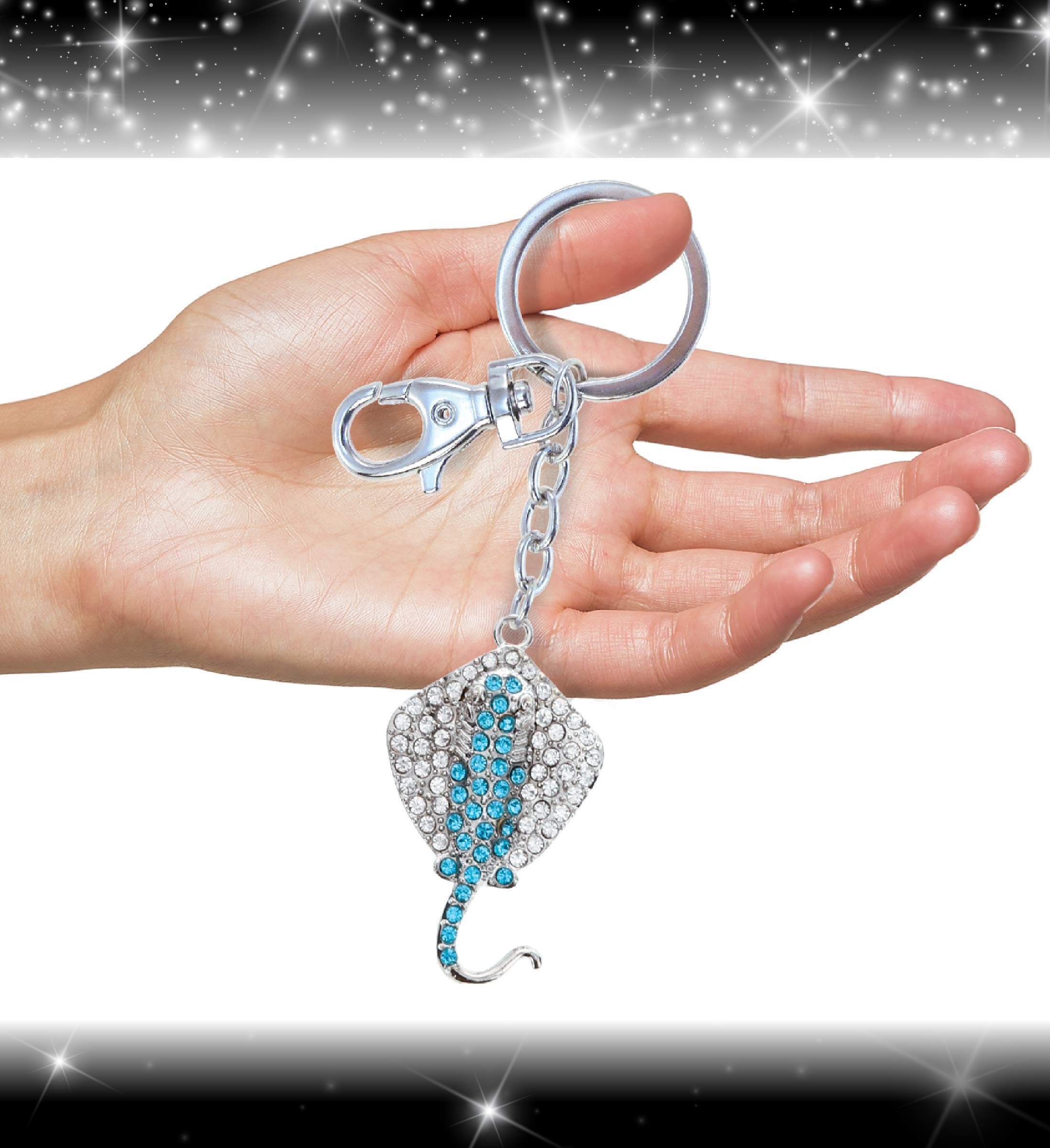 Aqua79 Stingray Keychain - Silver 3D Sparkling Rhinestone Charm, Fashionable Metal Alloy Key Ring with Clasp, Durable Crystal Jewelry Accessory for Women, Gift, Purse, Backpack & Car Keys