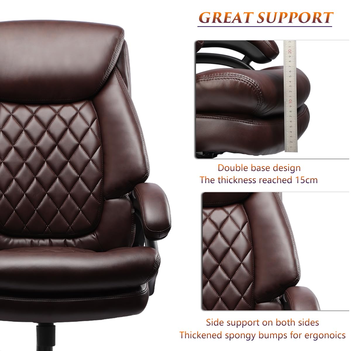 500lbs Heavy Duty Big and Tall Office Chair - Extra Wide Executive Chair with Spring Seat for Large People - 360° Swivel Computer Desk Chair - Ergonomic Home Office Chair for Comfort (Brown) - Perfect for Long Work Hours & Gaming Sessions