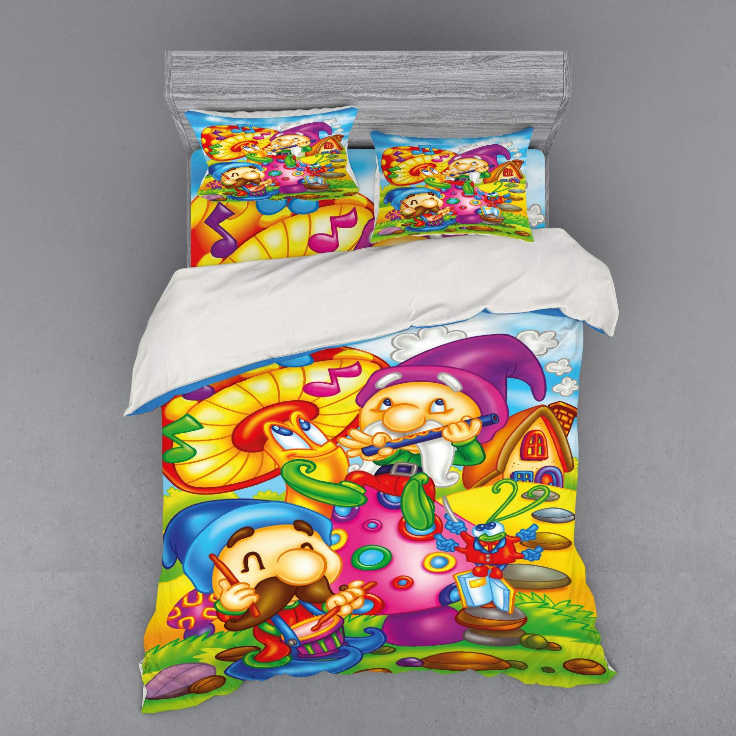 Ambesonne Fantasy Duvet Cover Set - Cartoon Singing Elves with Mushroom Playing Flute Musical Illustration | 4-Piece Queen Size Bedding Set with Shams & Fitted Sheet | Vibrant Multicolor Design | Perfect for Kids' Rooms, Christmas Decor & Whimsical Bedroom Themes