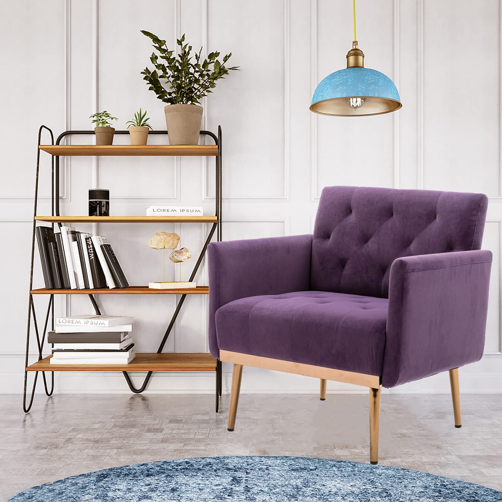 Modern Velvet Accent Chair with Gold Metal Feet - Luxurious Living Room & Bedroom Lounge Chair, Compact Single Sofa for Small Spaces, Perfect TV Armrest Seat for Home, Office or Coffee Shop (Purple) - Ideal for Relaxing, Reading & Entertaining Guests