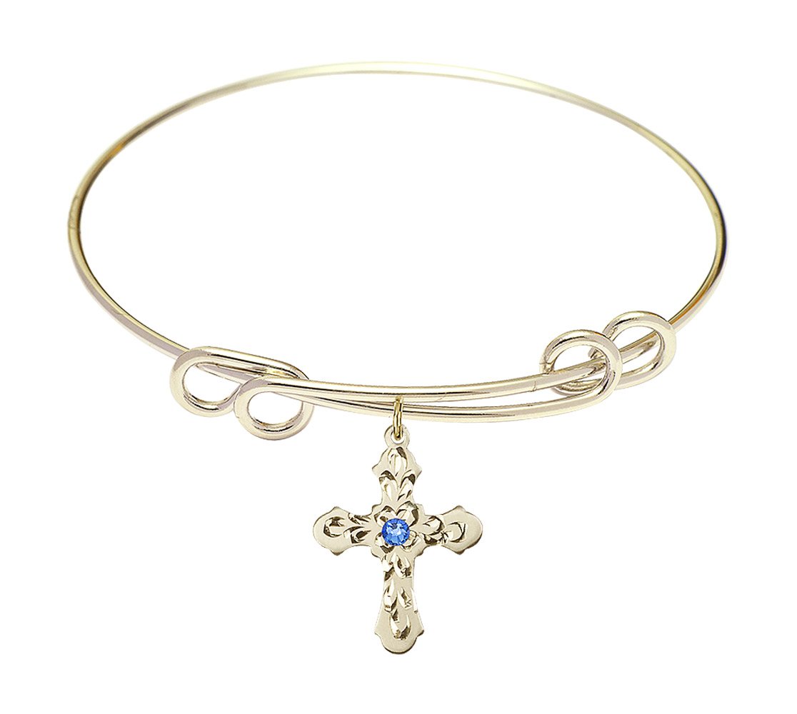 8 1/2 Inch Round Double Loop Bangle Bracelet with Cross Charm & September Birthstone Blue Crystal - Perfect for Birthday Gifts, Anniversary Jewelry and Everyday Fashion Accessories