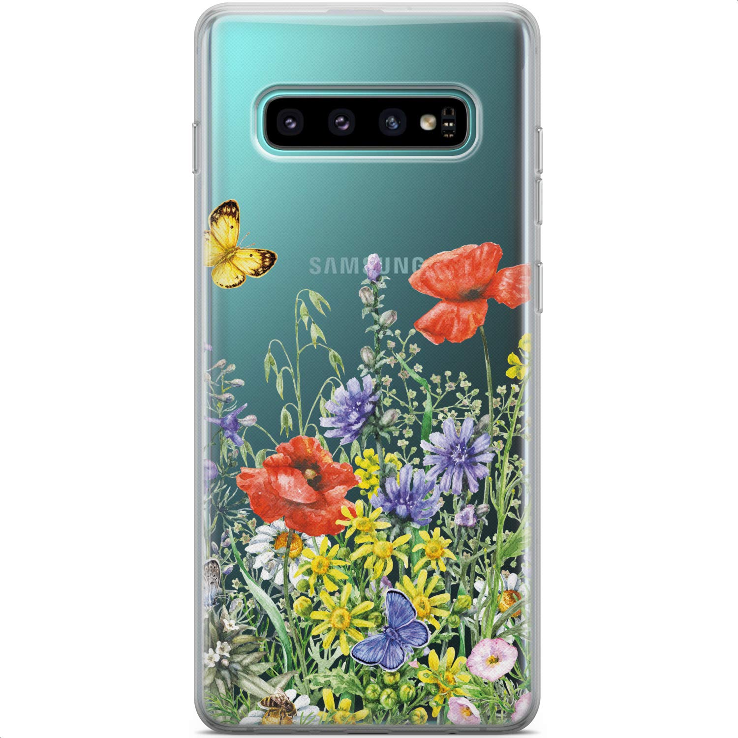 Samsung Galaxy S24 S23 Ultra S22 5G Plus S21 FE S20 S10 Case - Floral Poppies Butterfly Design Slim Silicone Cover | Lightweight Flexible Protective Phone Case | Perfect for Summer Outdoors, Travel & Daily Use