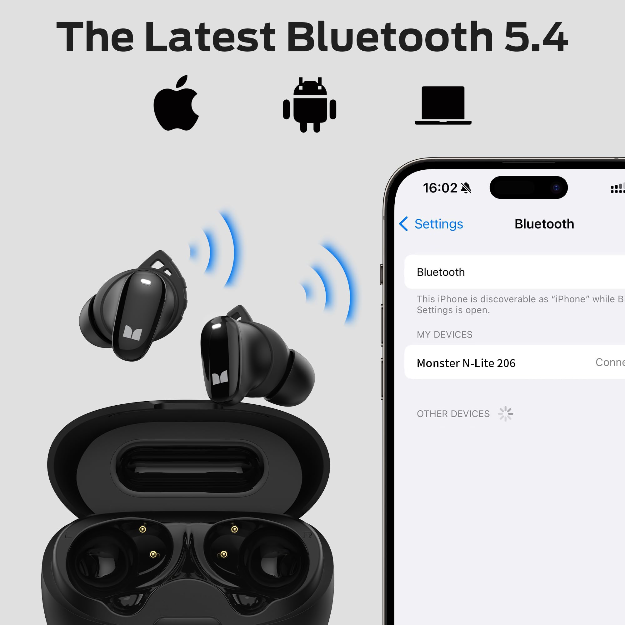 Monster N-Lite 206 Bluetooth 5.4 Wireless Earbuds - IPX6 Waterproof in-Ear Headphones with Built-in Mic, Touch Control, 25H Playtime & Type-C Charging (Black) | Perfect for Gym, Running, Travel & Workouts