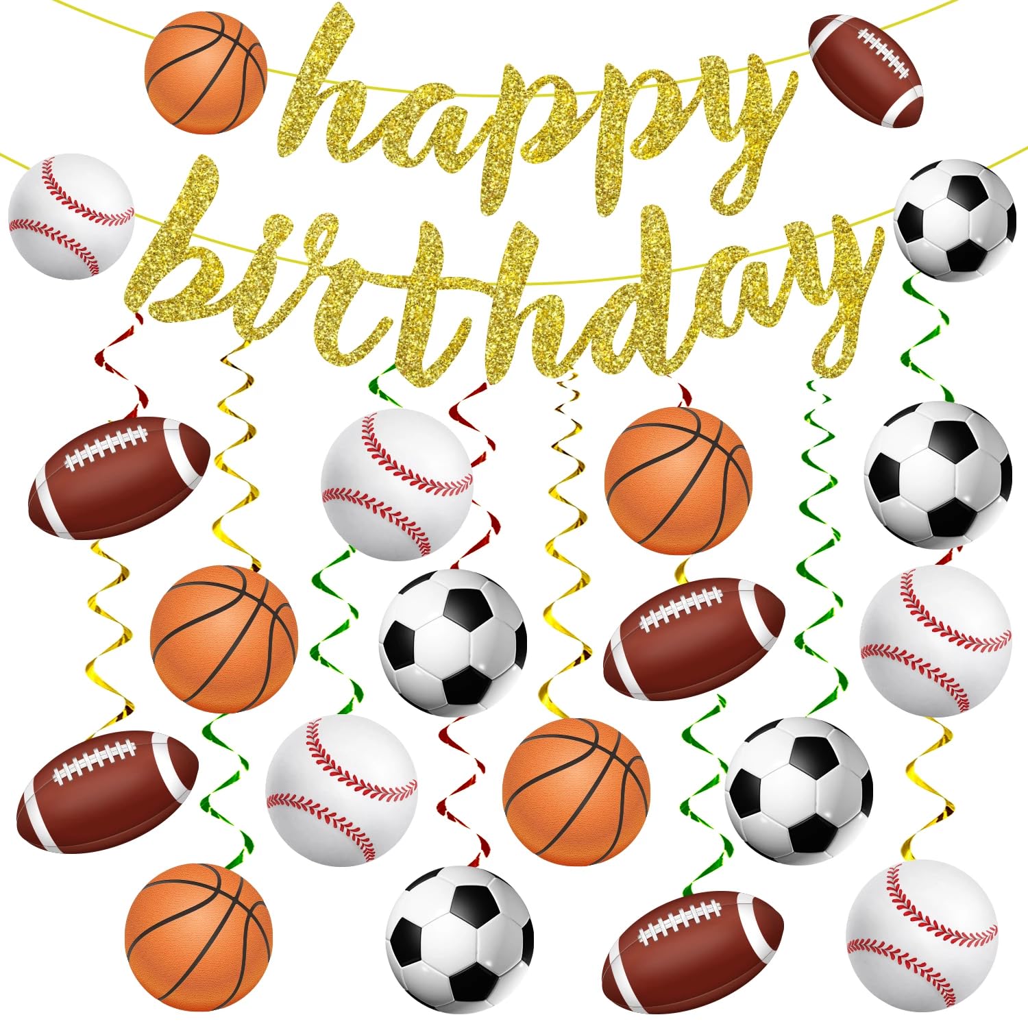 KORHONEN Sports Birthday Party Decorations Set - Happy Birthday Banner & Sports Hanging Swirls for Basketball, Baseball, Football, Soccer Theme - Perfect for Kids Birthday Parties, Sports Team Celebrations & Game Day Decorations