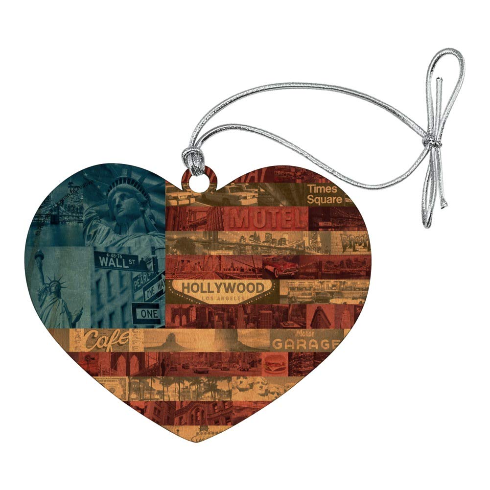 American Flag Patriotic USA Collage Heart Love Wood Christmas Tree Ornament - Perfect for Holiday Decor, Gift Giving & Festive Home Decorations