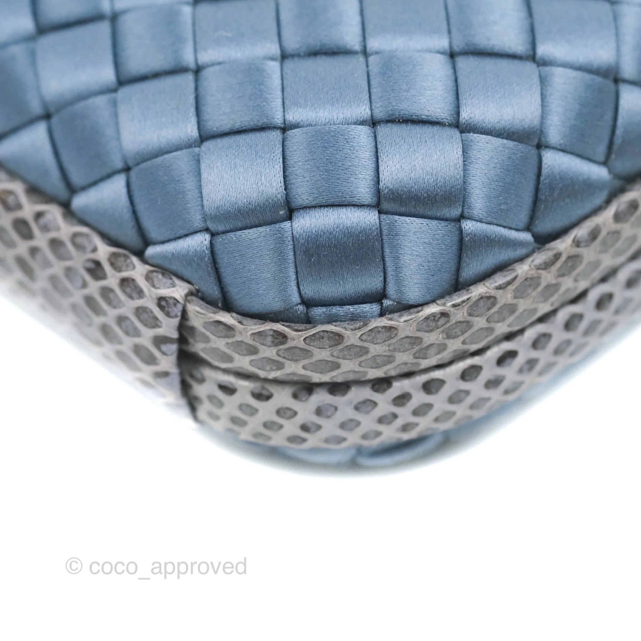 Bottega Veneta Ayers Satin Intreccio Stretch Knot Clutch Bag in Navy Blue | Luxury Evening Clutch for Women | Perfect for Parties, Weddings & Special Occasions